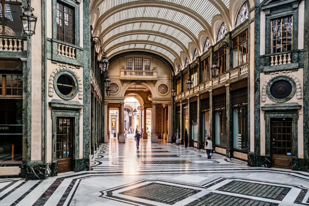 Pictured is the interior of a historic gallery in Turin, Italy.